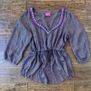 Free People Boho Tunic Top Silver Metallic Check Deep V sz Small Bell Drawstring